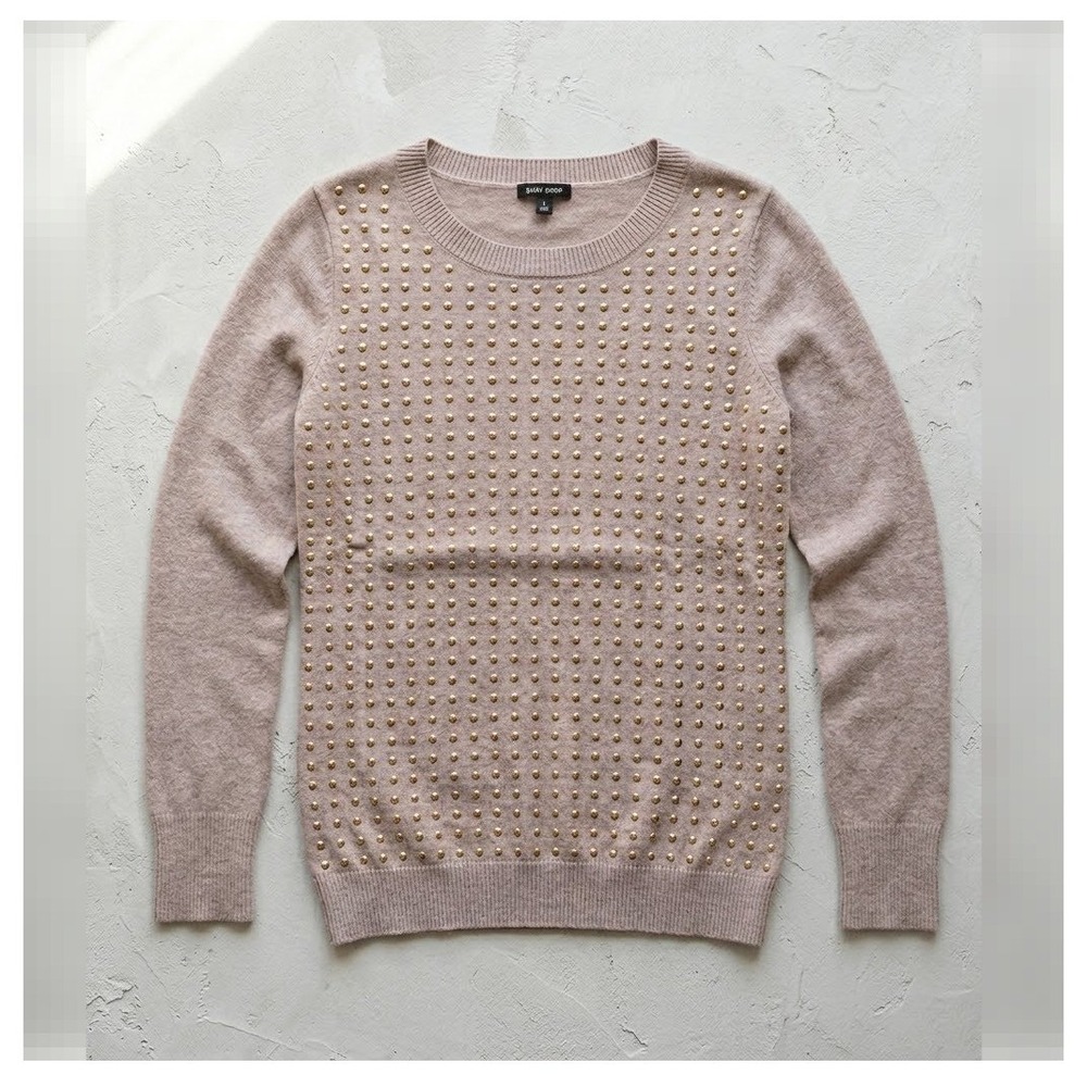 Studded Knit Sweater Taupe Beige Gold Studs Crew Neck Medium Fall Office